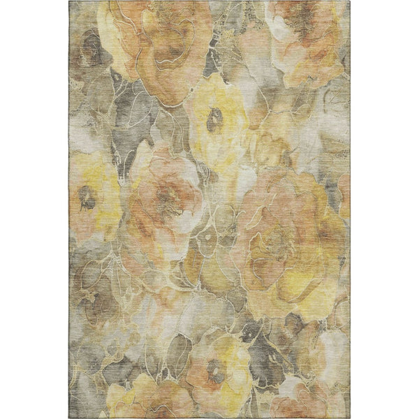 HomeRoots 5' X 8' Floral Area Rug in Gold, Gray & Beige - Washable, UV Protected, Stain Resistant, Durable Design 706057