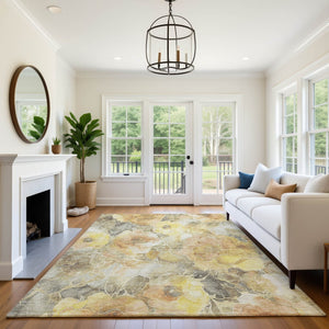 HomeRoots 5' X 8' Floral Area Rug in Gold, Gray & Beige - Washable, UV Protected, Stain Resistant, Durable Design 706057