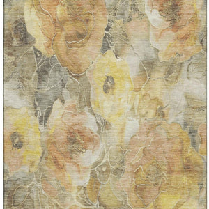 HomeRoots 5' X 8' Floral Area Rug in Gold, Gray & Beige - Washable, UV Protected, Stain Resistant, Durable Design 706057