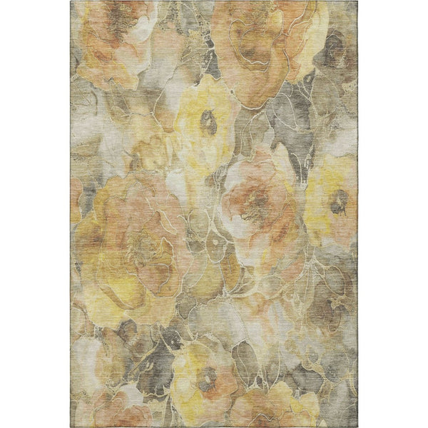 HomeRoots 5' X 8' Floral Area Rug in Gold, Gray & Beige - Washable, UV Protected, Stain Resistant, Durable Design 706057