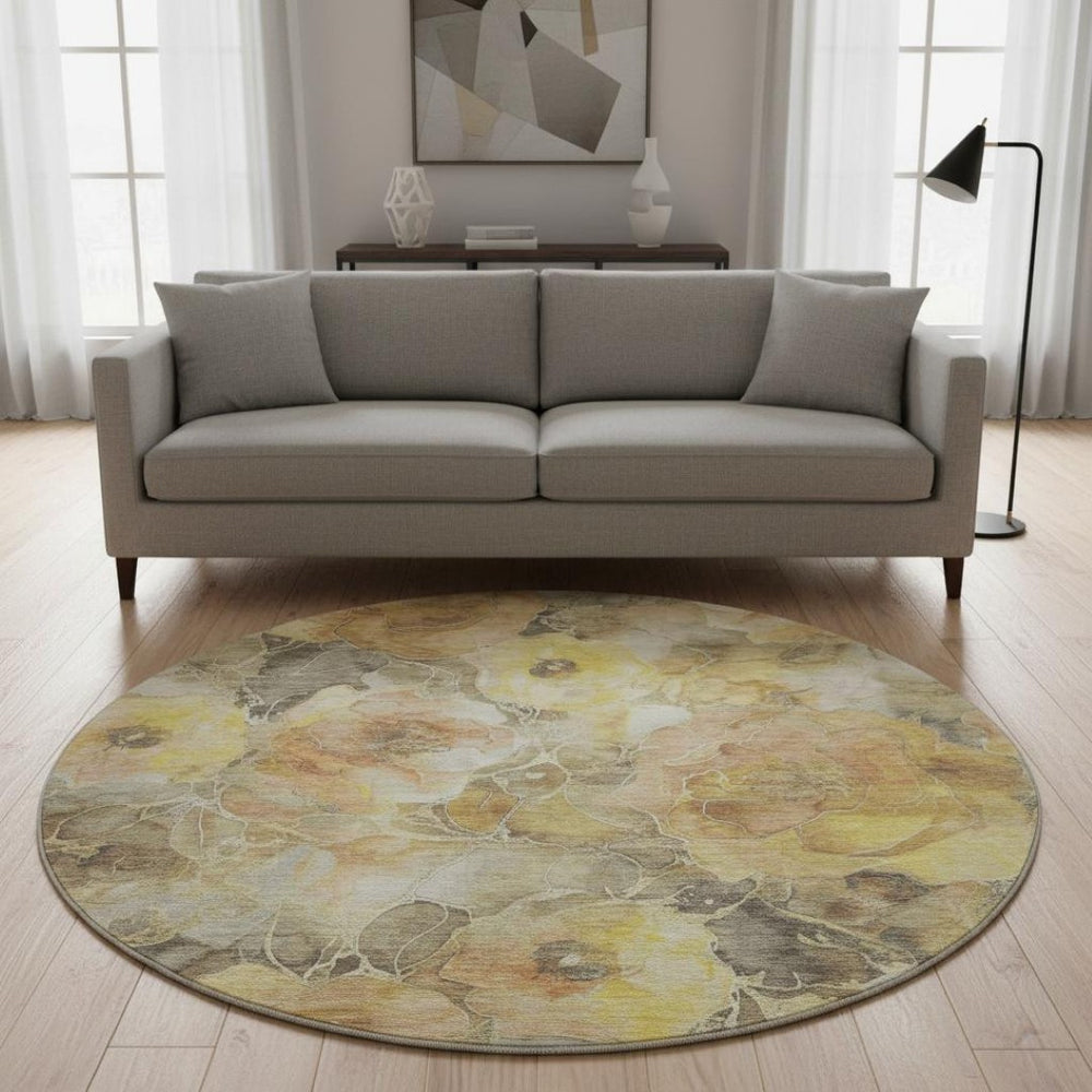 HomeRoots 8' Gold Gray Beige Floral Round Rug - Washable, UV Protected, Durable & Perfect for High-Traffic Areas 706058