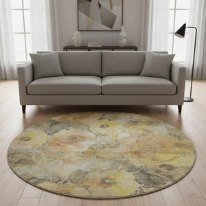 HomeRoots 8' Gold Gray Beige Floral Round Rug - Washable, UV Protected, Durable & Perfect for High-Traffic Areas 706058