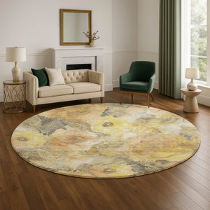 HomeRoots 8' Gold Gray Beige Floral Round Rug - Washable, UV Protected, Durable & Perfect for High-Traffic Areas 706058