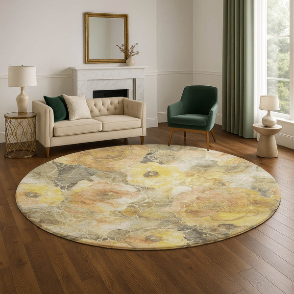 HomeRoots 8' Gold Gray Beige Floral Round Rug - Washable, UV Protected, Durable & Perfect for High-Traffic Areas 706058