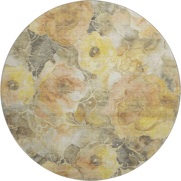 HomeRoots 8' Gold Gray Beige Floral Round Rug - Washable, UV Protected, Durable & Perfect for High-Traffic Areas 706058