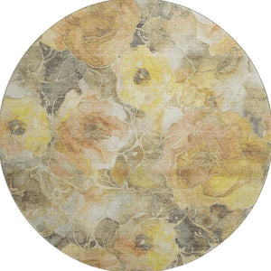 HomeRoots 8' Gold Gray Beige Floral Round Rug - Washable, UV Protected, Durable & Perfect for High-Traffic Areas 706058