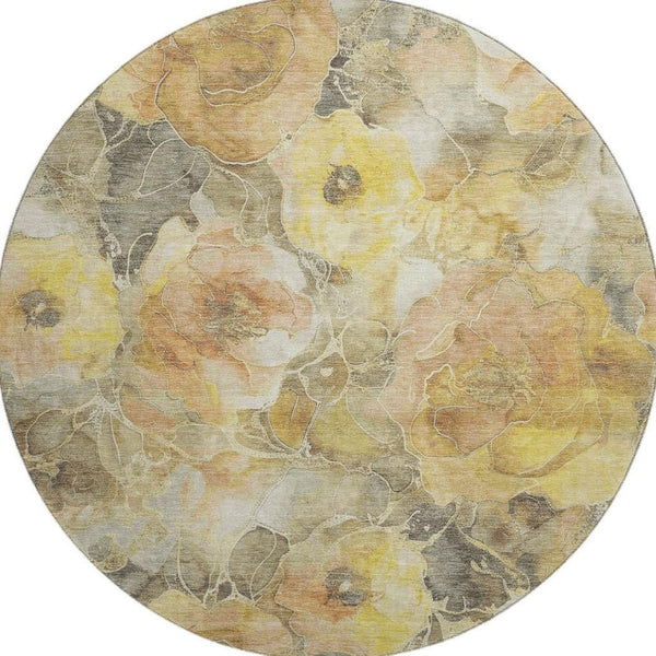 HomeRoots 8' Gold Gray Beige Floral Round Rug - Washable, UV Protected, Durable & Perfect for High-Traffic Areas 706058