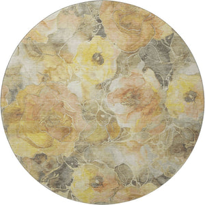 HomeRoots 8' Gold Gray Beige Floral Round Rug - Washable, UV Protected, Durable & Perfect for High-Traffic Areas 706058