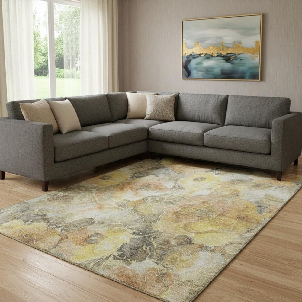 HomeRoots 8' X 10' Floral Area Rug in Gold, Gray & Beige - Washable, UV Protected, Durable for High-Traffic Areas 706059