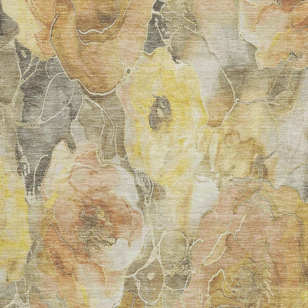 HomeRoots 8' X 10' Floral Area Rug in Gold, Gray & Beige - Washable, UV Protected, Durable for High-Traffic Areas 706059