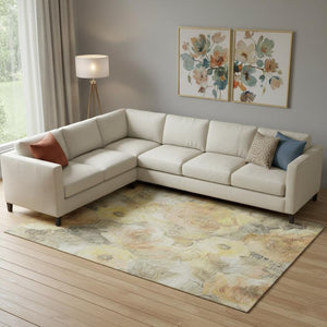 HomeRoots 9' X 12' Elegant Floral Washable Area Rug in Gold, Gray & Beige - UV Protected, Stain Resistant! 706060