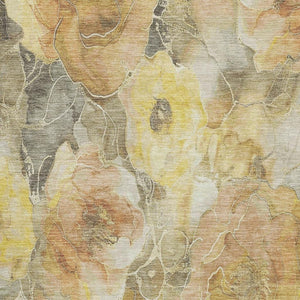 HomeRoots 9' X 12' Elegant Floral Washable Area Rug in Gold, Gray & Beige - UV Protected, Stain Resistant! 706060