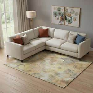 HomeRoots 10' X 14' Elegant Floral Washable Area Rug – Gold, Gray, Beige with UV Protection for Homes 706061