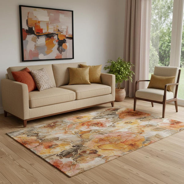 HomeRoots 5' X 8' Washable Floral Area Rug in Orange Beige Taupe - UV Protected, Non-Slip, Easy Care Design 706063