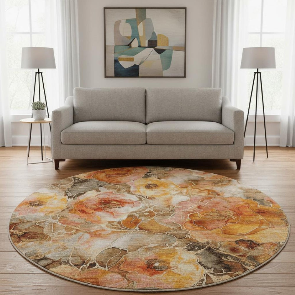 HomeRoots 8' Floral Round Rug in Orange, Beige & Taupe - Washable, UV-Protected, Stain-Resistant Design! 706064