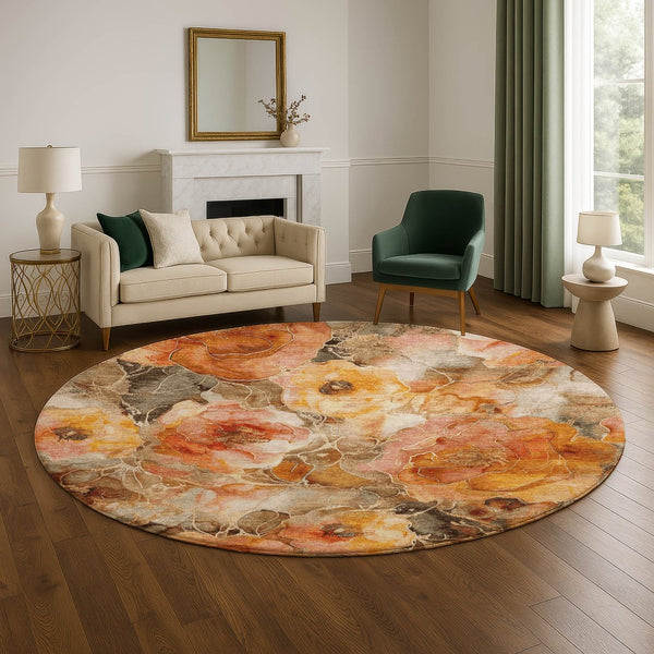 HomeRoots 8' Floral Round Rug in Orange, Beige & Taupe - Washable, UV-Protected, Stain-Resistant Design! 706064