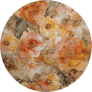 HomeRoots 8' Floral Round Rug in Orange, Beige & Taupe - Washable, UV-Protected, Stain-Resistant Design! 706064