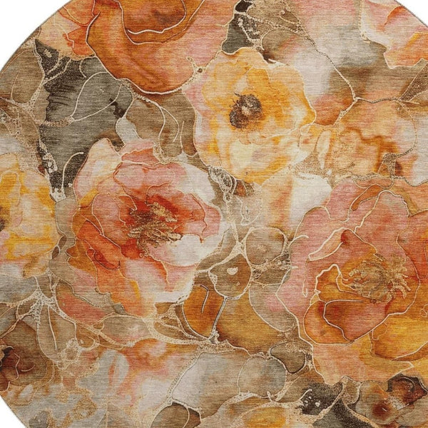 HomeRoots 8' Floral Round Rug in Orange, Beige & Taupe - Washable, UV-Protected, Stain-Resistant Design! 706064