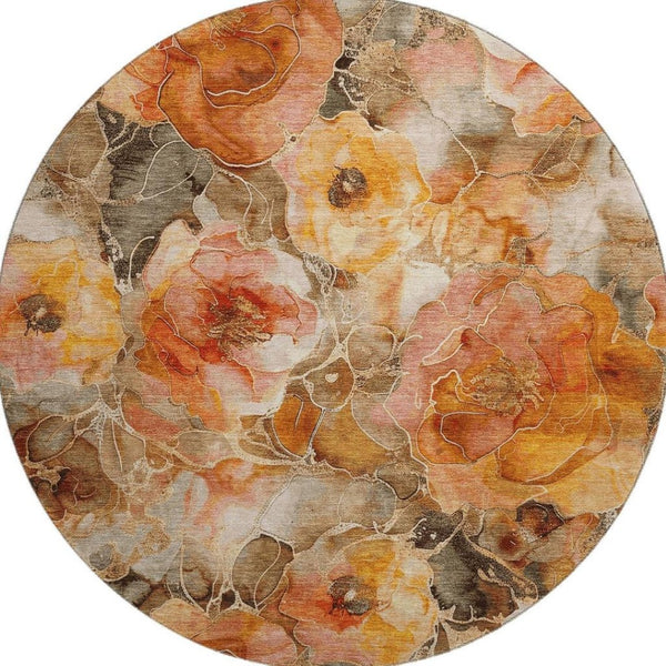 HomeRoots 8' Floral Round Rug in Orange, Beige & Taupe - Washable, UV-Protected, Stain-Resistant Design! 706064