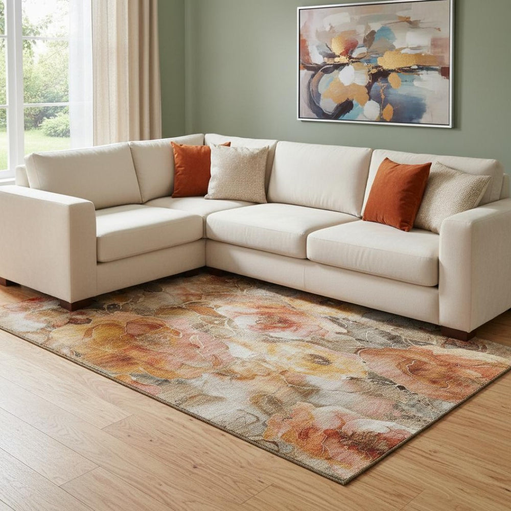 HomeRoots 8' X 10' Washable Floral Area Rug in Orange, Beige & Taupe - Stain Resistant & UV Protected Design 706065