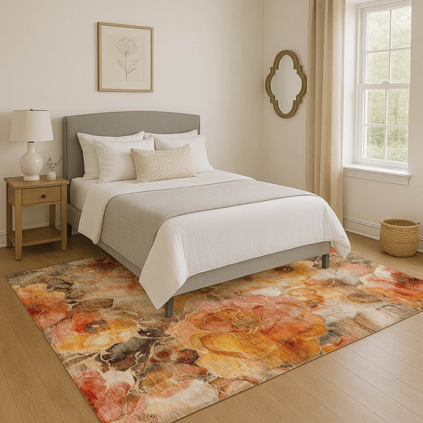 HomeRoots 8' X 10' Washable Floral Area Rug in Orange, Beige & Taupe - Stain Resistant & UV Protected Design 706065