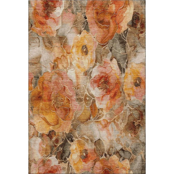 HomeRoots 8' X 10' Washable Floral Area Rug in Orange, Beige & Taupe - Stain Resistant & UV Protected Design 706065
