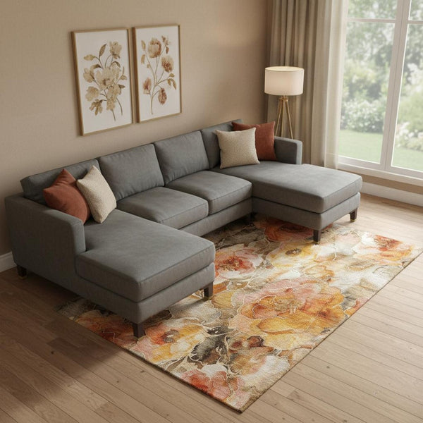 HomeRoots 9' Transitional Floral Area Rug in Orange, Beige & Taupe - Washable, UV Protected, Non-Slip Design 706066