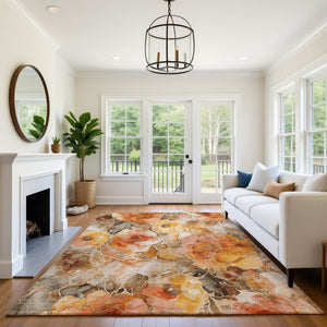 HomeRoots 9' Transitional Floral Area Rug in Orange, Beige & Taupe - Washable, UV Protected, Non-Slip Design 706066