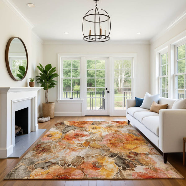 HomeRoots 9' Transitional Floral Area Rug in Orange, Beige & Taupe - Washable, UV Protected, Non-Slip Design 706066