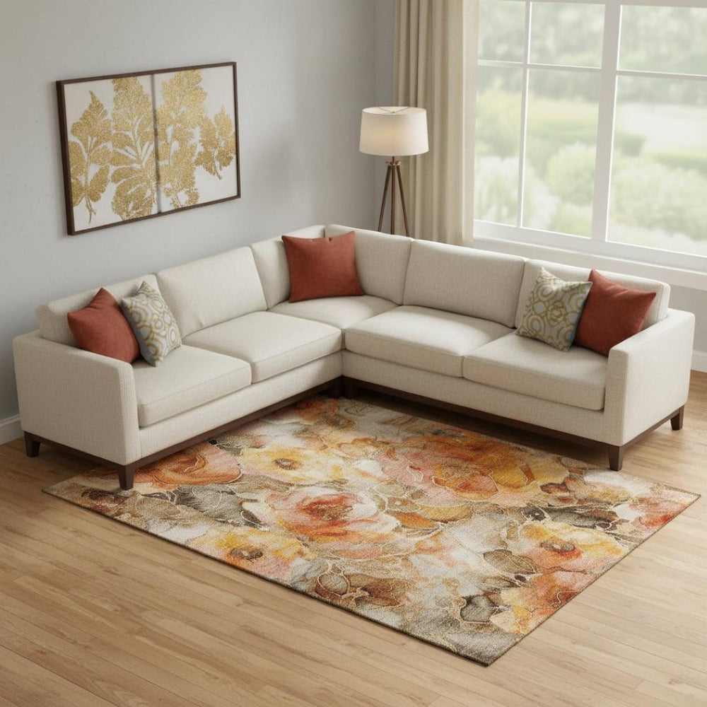 HomeRoots 10' Floral Area Rug in Orange, Beige & Taupe - Washable, UV Protected, Stain Resistant & Durable Design 706067