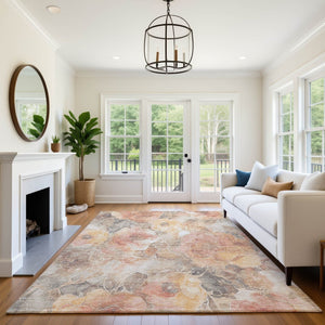 HomeRoots 5' X 8' Peach, Gold & Beige Floral Area Rug - Washable, UV Protected, Perfect for Homes with Kids & Pets 706069