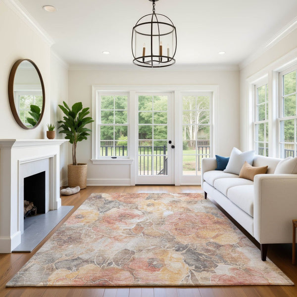 HomeRoots 5' X 8' Peach, Gold & Beige Floral Area Rug - Washable, UV Protected, Perfect for Homes with Kids & Pets 706069