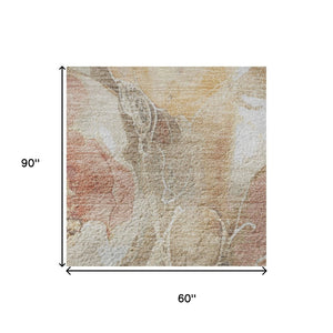 HomeRoots 5' X 8' Peach, Gold & Beige Floral Area Rug - Washable, UV Protected, Perfect for Homes with Kids & Pets 706069