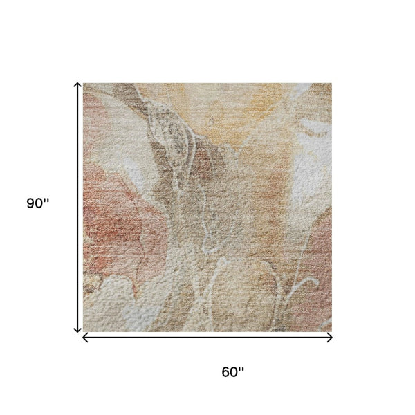 HomeRoots 5' X 8' Peach, Gold & Beige Floral Area Rug - Washable, UV Protected, Perfect for Homes with Kids & Pets 706069