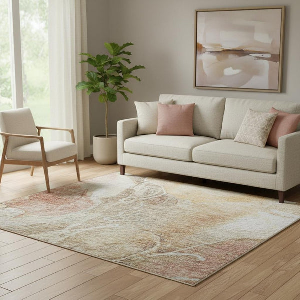 HomeRoots 5' X 8' Peach, Gold & Beige Floral Area Rug - Washable, UV Protected, Perfect for Homes with Kids & Pets 706069