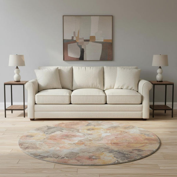 HomeRoots 8' Washable Round Rug in Peach, Gold & Beige Floral Design with UV Protection for Homes & Kids 706070
