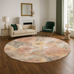 HomeRoots 8' Washable Round Rug in Peach, Gold & Beige Floral Design with UV Protection for Homes & Kids 706070