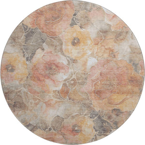 HomeRoots 8' Washable Round Rug in Peach, Gold & Beige Floral Design with UV Protection for Homes & Kids 706070