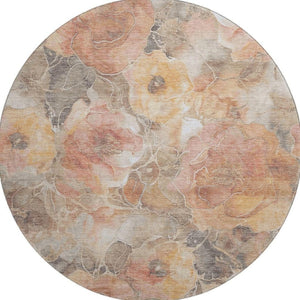HomeRoots 8' Washable Round Rug in Peach, Gold & Beige Floral Design with UV Protection for Homes & Kids 706070