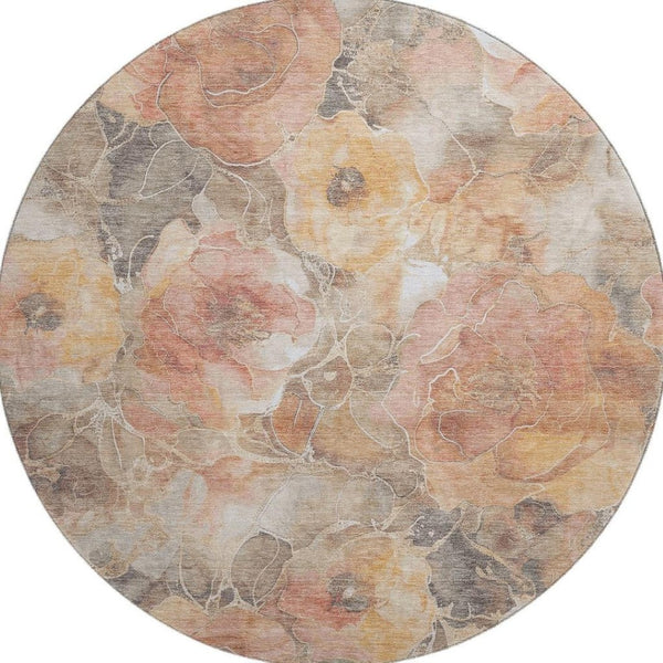 HomeRoots 8' Washable Round Rug in Peach, Gold & Beige Floral Design with UV Protection for Homes & Kids 706070