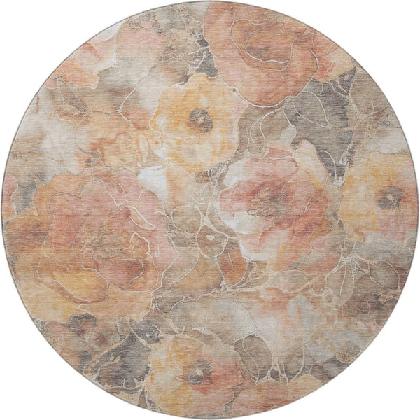 HomeRoots 8' Washable Round Rug in Peach, Gold & Beige Floral Design with UV Protection for Homes & Kids 706070
