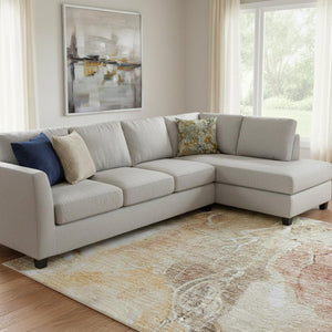 HomeRoots 8' X 10' Elegant Peach Gold Floral Area Rug - Washable, UV-Protected, Durable for Family Living 706071