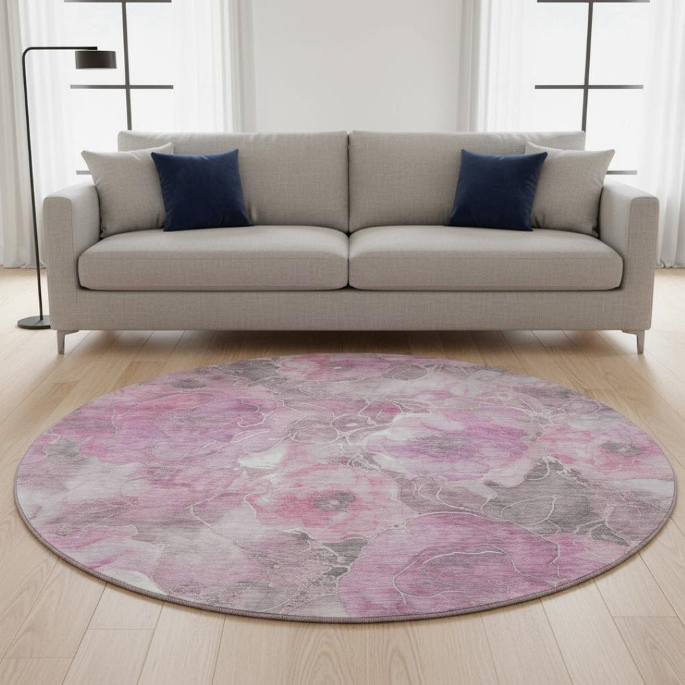 HomeRoots 8' Pink Gray Ivory Floral Washable Round Rug - Durable, Stain Resistant, UV Protected for Family Homes 706076