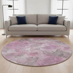 HomeRoots 8' Pink Gray Ivory Floral Washable Round Rug - Durable, Stain Resistant, UV Protected for Family Homes 706076