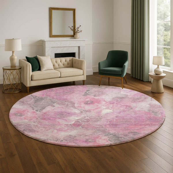 HomeRoots 8' Pink Gray Ivory Floral Washable Round Rug - Durable, Stain Resistant, UV Protected for Family Homes 706076