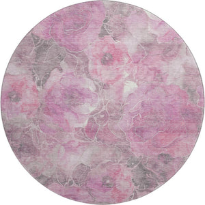 HomeRoots 8' Pink Gray Ivory Floral Washable Round Rug - Durable, Stain Resistant, UV Protected for Family Homes 706076