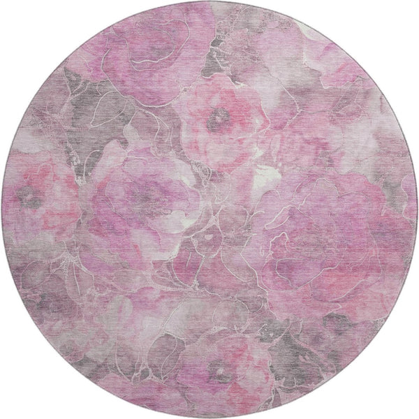 HomeRoots 8' Pink Gray Ivory Floral Washable Round Rug - Durable, Stain Resistant, UV Protected for Family Homes 706076