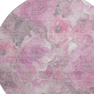 HomeRoots 8' Pink Gray Ivory Floral Washable Round Rug - Durable, Stain Resistant, UV Protected for Family Homes 706076