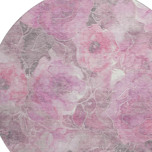 HomeRoots 8' Pink Gray Ivory Floral Washable Round Rug - Durable, Stain Resistant, UV Protected for Family Homes 706076