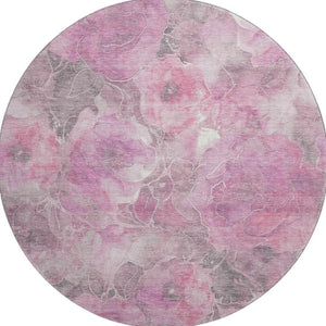 HomeRoots 8' Pink Gray Ivory Floral Washable Round Rug - Durable, Stain Resistant, UV Protected for Family Homes 706076
